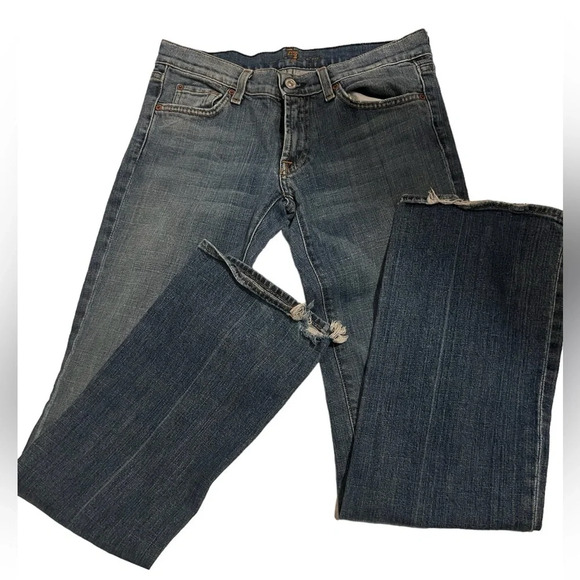 7 For All Mankind Distressed Blue Boot Cut Jeans - Picture 1 of 9